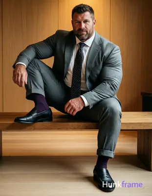 Muscle bear photography of an adult man seated on a low wooden bench, left leg bent with foot restin
