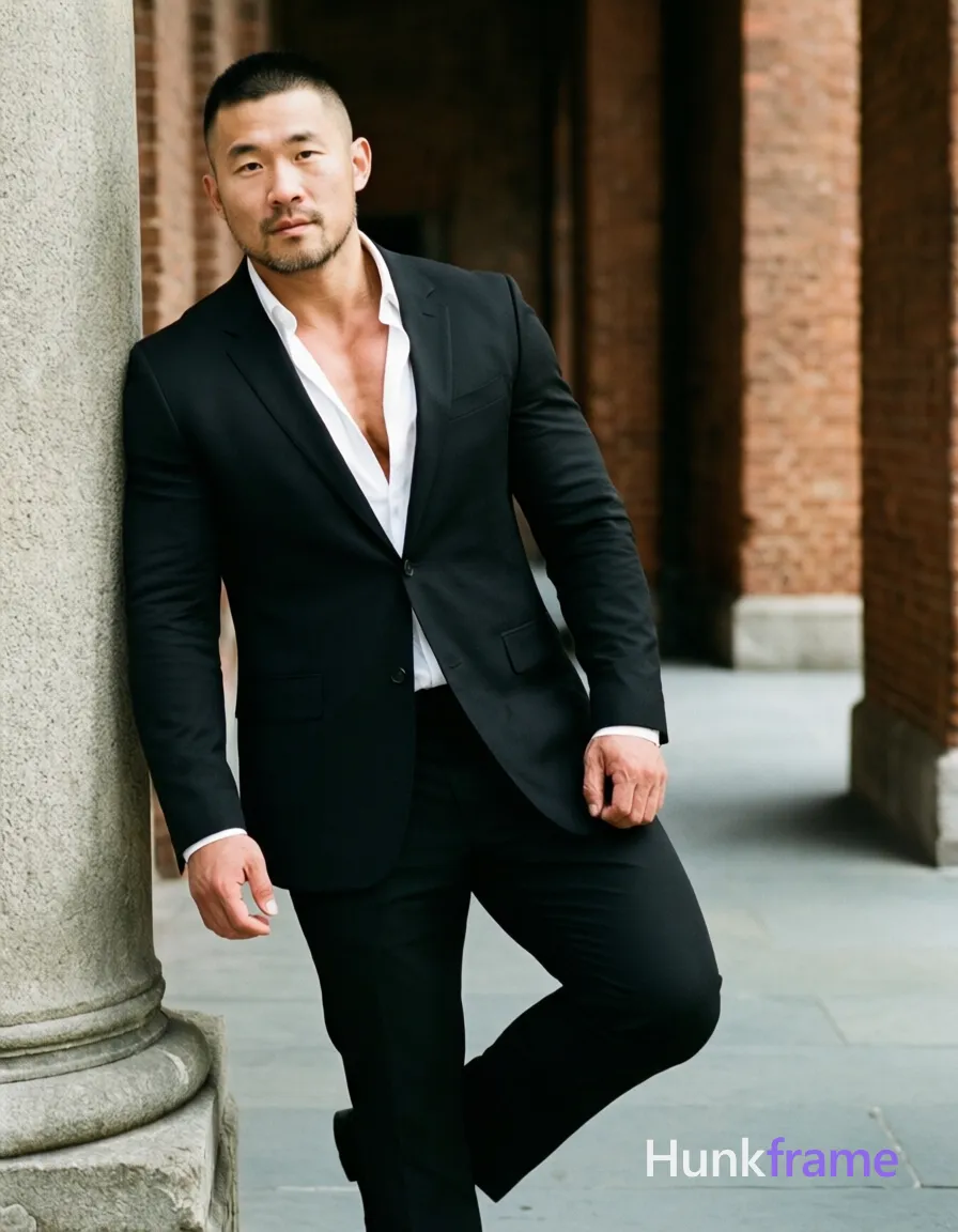 Asian man with short buzz cut and light stubble stands in three-quarter profile leaning against a stone column, weight shifted left while right foot lifts dynamically; He wears a black tailored single-breasted suit jacket open at the collar over a white dress shirt revealing upper chest, paired with matching black trousers; Full-body shot framed between brick building columns under natural daylight casting soft shadows on his broad shoulders and defined pectorals; Fine-art photography aesthetic emphasizing athletic anatomy and confident strength against an urban heritage backdrop; single clean uninterrupted photograph with a cohesive editorial composition and plain continuous surrounding surfaces