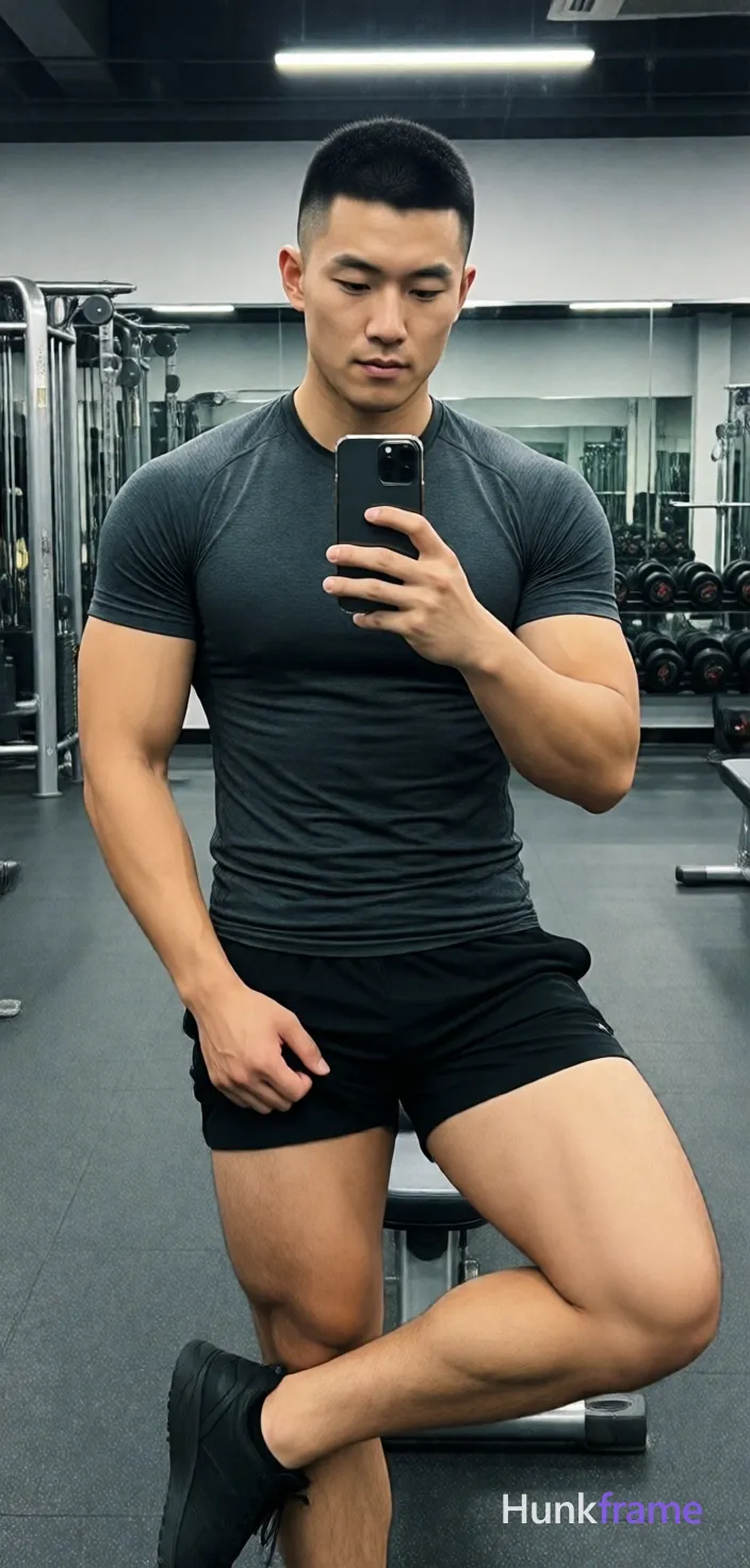 Asian man, light-medium skin tone, short black buzz cut straight texture high forehead clean hairline, clean-shaven face neutral pensive gaze at phone screen; Standing in gym interior right leg bent foot flat floor left leg crossed over right knee left hand resting on left thigh holding black smartphone mirror selfie action dark grey fitted short-sleeve t-shirt covering torso completely black athletic shorts ending mid-thigh fully clothed broad shoulders defined biceps triceps thick thighs visible quadriceps definition; Gym equipment dumbbell rack mirrors background grey rubber flooring overhead fluorescent lighting even illumination candid iPhone selfie energy real lifestyle scene trendy influencer vibe vertical portrait 13:19 aspect ratio; single clean uninterrupted photograph with a cohesive editorial composition and plain continuous surrounding surfaces