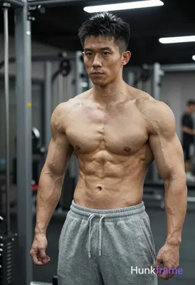 Photograph of exactly 1 adult man. Man 1: Asian, light tan, square jawline with defined cheekbones a