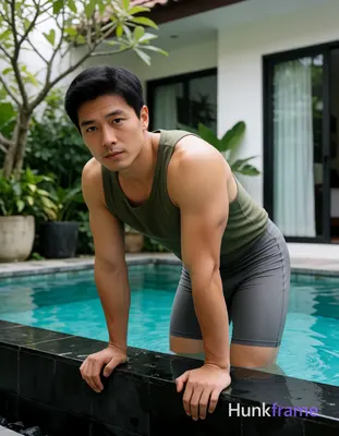 Asian man with short black hair and light-medium skin leaning forward, hands sup