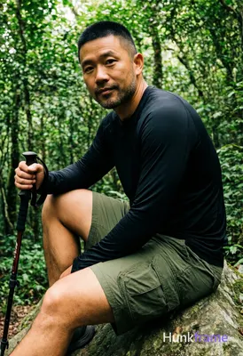 Asian man medium-tan skin short black buzz cut styled top light stubble beard se