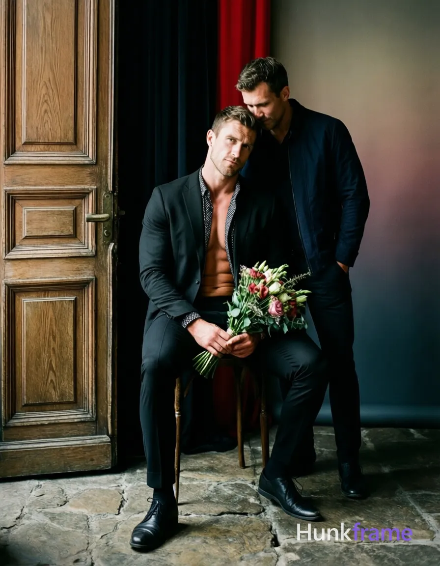A German man with fair skin, strong brow ridge, and lean cyclist legs stands on a rugged stone floor beside an old wooden door. The lighting is soft yet dramatic, casting intricate shadows that highlight his muscular build. He wears black suit jacket over patterned shirt underneath, revealing bare chest and defined abs. His posture is relaxed yet confident, with one leg slightly forward in contrapposto. Dark curtains and red vertical element create a moody background