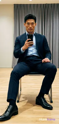 Seated on a chair with metal legs and black cushion, left leg extended forward, right knee bent and 