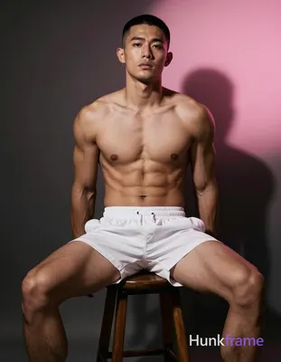 A shirtless Asian man with a tanned complexion and buzz cut sits on a wooden stool in an indoor stud