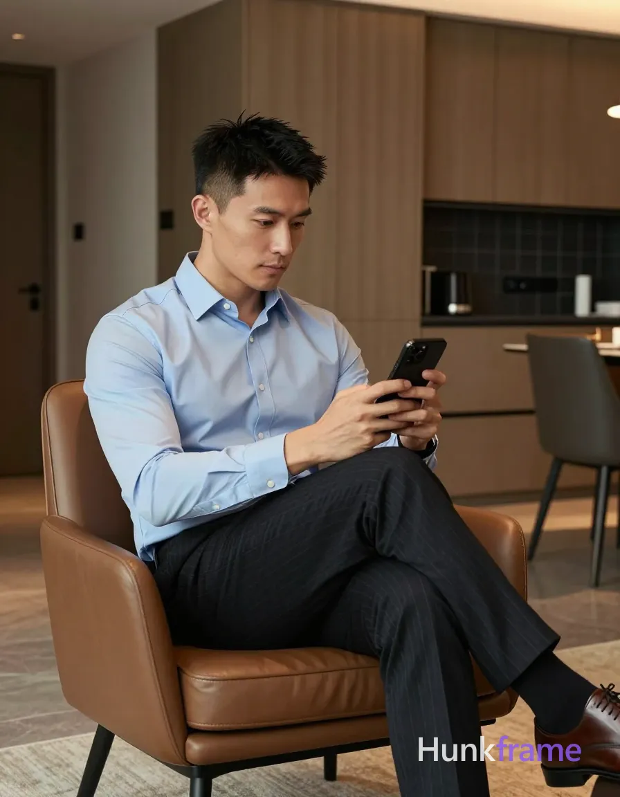 Photograph of exactly 1 adult man. Man 1: Asian, light-medium, oval with defined jawline, short black hair, textured top and faded sides, clean neckline, clean-shaven. Man 1 has fully exposed eyes, eyebrows, temples and nose bridge. Lean muscular Asian man with short black textured hair sits sideways in brown leather armchair. Holds black smartphone at chest level reviewing photo while seated cross-legged on right knee. Wears light blue long-sleeve button-down shirt, dark pinstripe trousers, brown cap-toe oxford shoes. Vertical portrait shot from knees up showing full body in modern apartment with beige rug. Minimalist interior featuring wooden cabinetry, dark tiled backsplash, contemporary furniture details. Soft ambient indoor lighting creates warm highlights on face and shirt for sophisticated mood. Clean lines high-end fashion editorial aesthetic capturing calm composed atmosphere in neutral palette