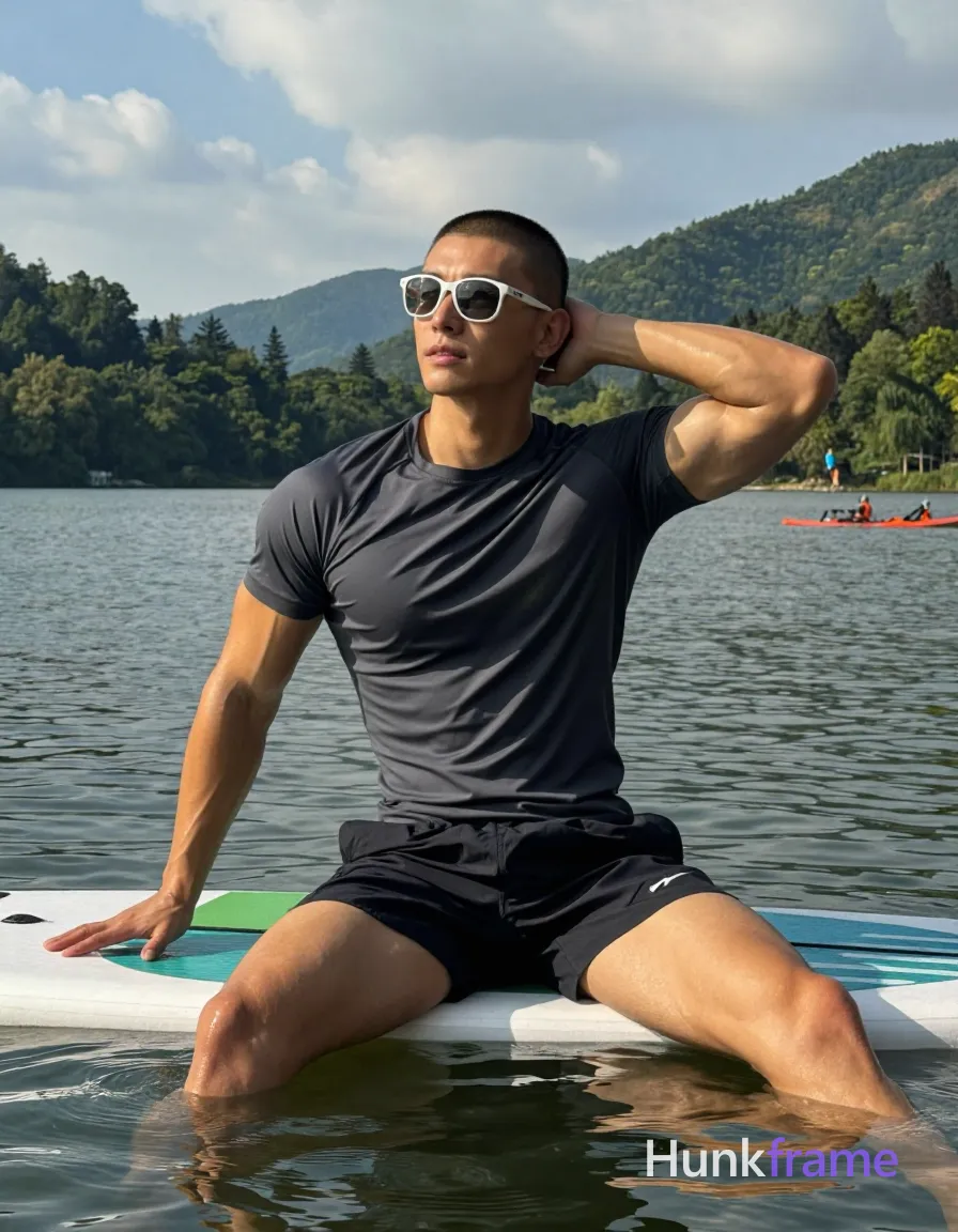 Asian man with short buzz cut and white-framed sunglasses arms pushed up behind ears He wears dark gray fitted athletic t-shirt and black Nike shorts with bare legs extended into water; Left hand rests flat on board near hip while right arm is implied by posture; Lean muscular build with defined biceps and thick thighs visible in sunlight; Outdoor lake scene surrounded by forested mountains under partly cloudy sky, distant kayakers in background; Natural daylight sunlit from right casting shadows on left face; Vertical portrait composition head-to-knees framing; The adult man visibly wears white-framed sunglasses worn over eyes with arms pushed up onto head behind ears; thin rectangular frames with clear or lightly tinted lenses on his face; preserve the exact frame shape, rim style, color, material, and lens tint, shot on iPhone 15 Pro main camera, authentic smartphone computational photography, natural Smart HDR, vertical 9:16 Xiaohongshu lifestyle post, bright clean gym or cafe scene, wardrobe matching reference outfit, confident everyday blogger pose, phone photo; single clean uninterrupted photograph with a cohesive editorial composition and plain continuous surrounding surfaces