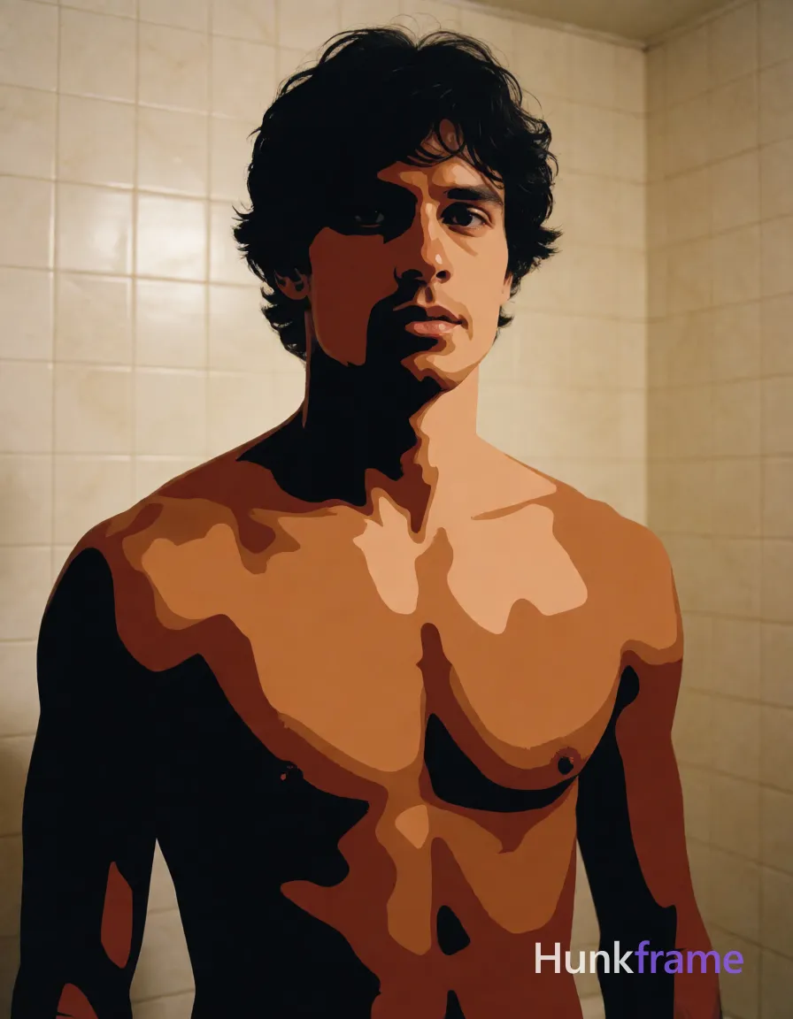 Bold flat-color wall art graphic design of an adult man standing shirtless in a bathroom with beige tiled walls; The composition features high-contrast color blocking and clean vector lines depicting broad shoulders, defined pectoral muscles, and skin sheened with moisture or sweat under soft directional lighting, same aesthetic theme and photo feel as the reference but a different man in a different pose with distinct body proportions, Mexican man, bronze skin, strong jaw, thick wavy hair, soccer-player lean legs; single clean uninterrupted photograph with a cohesive editorial composition and plain continuous surrounding surfaces