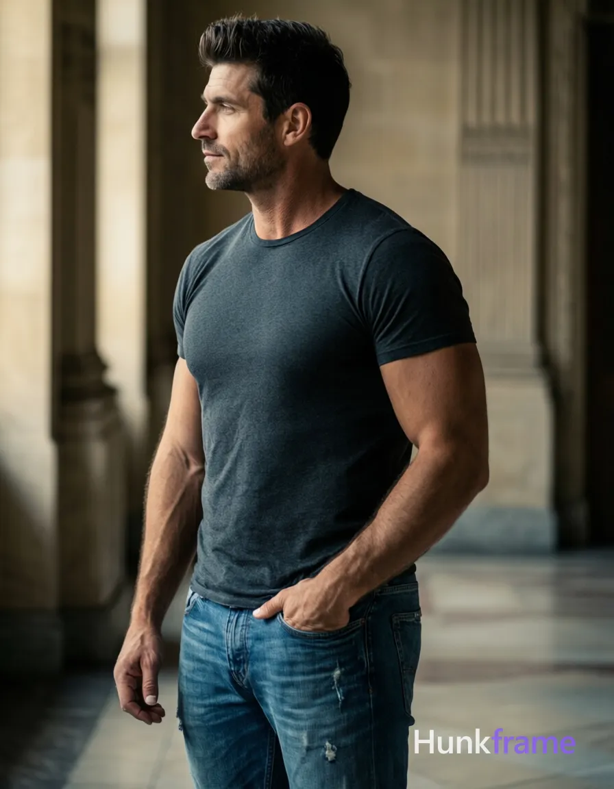 A handsome adult man with light-medium skin and dark brown/black short hair styled upward stands in profile facing left, right hand in pocket. He wears a dark grey fitted crew-neck t-shirt and blue denim jeans with distressed details. Fully clothed muscular build captured from mid-thigh up on the right third of an ornate indoor architectural space with columns. Soft directional light illuminates him from the left against muted beige tones. Shallow depth of field, slightly desaturated colors, polished fine-art fashion editorial photography., a single uninterrupted photograph only, no written words or typography anywhere in frame, no captions, no app UI, no social-media post layout, no screenshot borders