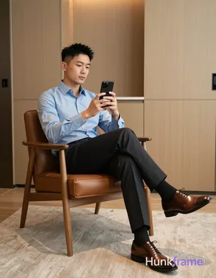 Asian man, light-medium skin tone, short black hair textured top faded sides clean neckline, clean-s