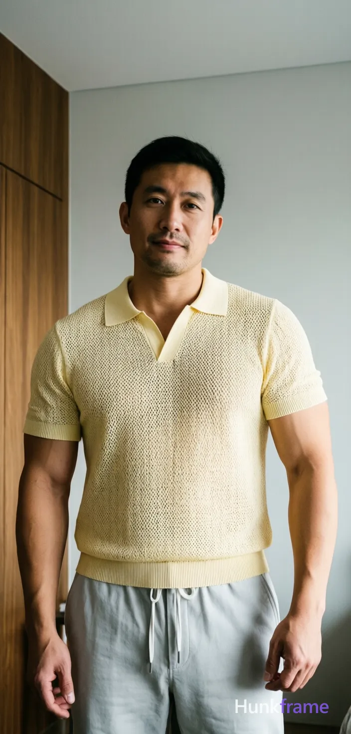 Xiaohongshu lifestyle shot of a handsome adult man posing casually in an indoor room with light-colored walls and wooden paneling to the left; The vertical portrait crop frames him from neck down to mid-thighs, wearing a short-sleeved polo shirt in pale yellow/cream knit fabric with textured open-weave pattern and ribbed collar/cuffs/hem over light grey or off-white drawstring pants (waistband visible); His right arm is slightly raised with elbow bent while the left hangs relaxed at his side; Soft directional lighting from front-right creates a candid, real-life vibe on broad shoulders and defined biceps against neutral greys and wood brown; The image mimics an candid iPhone rear-camera snapshot energy with trendy influencer appeal; single clean uninterrupted photograph with a cohesive editorial composition and plain continuous surrounding surfaces