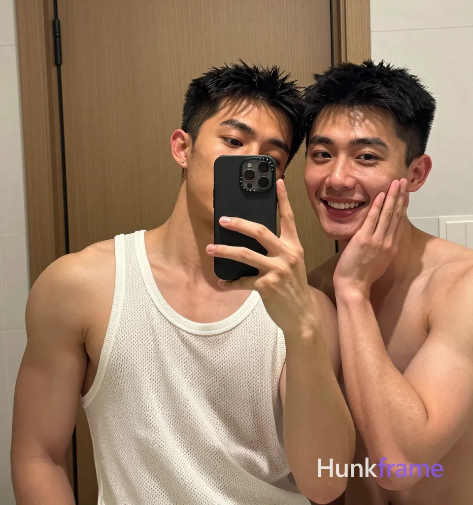 an anonymous figure men in a mirror selfie composition, left side of frame dominated by subject one holding black smartphone with Tom & Jerry case; Subject one stands shirtless with broad shoulders and defined pectorals wearing an open white mesh tank top over bare chest; right arm bent supporting device while gazing upward at screen; Subject two stands close HUNKFRAME the right, touching own cheek smiling directly into reflection unobstructed face with both eyes, irises, eyebrows, temples, and nose bridge clearly visible; Indoor bathroom setting with wooden paneling and white walls under soft ambient lighting; Dramatic fashion editorial photography capturing masculine sensuality in a premium fine-art style; FULL TEXT REPLACEMENT: remove every original source word, sentence, slogan, logo, and partial spelling from the text-bearing area, then replace it with only the wordmark, spelled exactly "HUNKFRAME" in the original compositional text position; This is replacement; Preserve appropriate typography and scale, logo, caption, username, hashtag, comment, watermark, or UI chrome; single clean uninterrupted photograph with a cohesive editorial composition and plain continuous surrounding surfaces