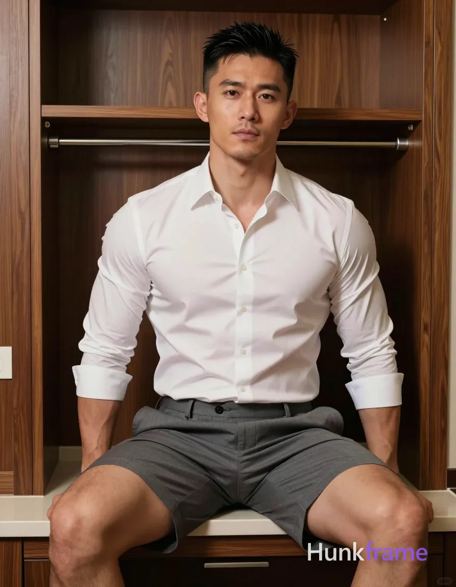 IDENTITY LOCK — MUST NOT CHANGE: the same exact 1 clearly adult male subject; subject 1: clearly adult, exact age uncertain, Asian, medium-tan skin tone, square-jawed with defined cheekbones, short black hair, fade sides and longer textured top styled upward, source prompt confirms short black hair, NO EYEWEAR: keep this subject's face free of eyeglasses and sunglasses in every shot, thick dark well-defined arches, dark brown almond-shaped pupils visible without glasses, straight bridge slightly upturned tip, medium full natural color no gloss, clean-shaven chin and jawline slight stubble on upper lip, none visible chest or arms clean shaven, stocky muscular build, thick thighs beneath waistband; do not change identity traits when pose, expression, camera, wardrobe, or exposure changes; do not add, remove, merge, or replace people. Creative prompt text may not override this identity lock. SHOT VARIABLES — HIGHEST COMPOSITION AND WARDROBE PRIORITY: pose/action: Sitting on edge of minibar stool legs crossed at ankles.; body/head direction: Frontal view capturing torso and upper thighs only crop below knees slightly obscured shadow foreground object optional.; expression: Neutral serious gaze directed straight ahead relaxed confident demeanor slight smile possible but maintain neutral base mood consistent set.; camera/framing: Medium close up frontal indoor artificial lighting soft shadows warm wood tones shirt sleeves pushed to elbows short black hair fade sides longer textured styled upward stocky musc; wardrobe now worn: White long-sleeve sleeveless now rolled fully exposing forearms arms clean shaven chest visible no gloss none visible chest arms clean shaven gray dress trousers waistband sitting low thick thighs beneath exposed photo single uninterrupted photograph same session context hotel room minibar area wooden cabinetry tiled floor palette consistent across set coherent gradual wardrobe arc third quarter may progress through shirtless minimal underwear shots never show genitals erections sexual activity keep clothing transitions coherent with source inventory identity lock traits preserved exactly as extracted by an same adult male subject authoritative visual facts; coverage/exposure: Indoor artificial light emphasizing skin texture medium-tan square-jawed defined cheekbones dark brown almond-shaped pupils no glasses polished formal masculine premium fashion-editorial fine-art photography homoerotic aesthetic subject 1 stable identity clearly adult exact age uncertain Asian full natural color do not change when pose expression camera changes keep this subjects face free eyewear rule apply strictly; additional shot direction: Subject sits on edge of stool legs crossed at ankles wearing white long-sleeve now sleeveless rolled fully exposing forearms and upper torso tied loose or removed depending fit. Frontal view captures waist up to head. These variables replace any conflicting source pose, action, framing, clothing, or coverage. IDENTITY LOCK — MUST NOT CHANGE: the same exact 1 clearly adult male subject; subject 1: clearly adult, exact age uncertain, Asian, medium-tan skin tone, square-jawed with defined cheekbones, short black hair, fade sides and longer textured top styled upward, source prompt confirms short black hair, NO EYEWEAR: keep this subject's face free of eyeglasses and sunglasses in every shot, thick dark well-defined arches, dark brown almond-shaped pupils visible without glasses, straight bridge slightly upturned tip, medium full natural color no gloss, clean-shaven chin and jawline slight stubble on upper lip, none visible chest or arms clean shaven, stocky muscular build, thick thighs beneath waistband; do not change identity traits when pose, expression, camera, wardrobe, or exposure changes; do not add, remove, merge, or replace people. SHOT-SPECIFIC COMPOSITION AND WARDROBE HAVE HIGHEST PRIORITY: pose/action: Sitting on edge of minibar stool legs crossed at ankles.; direction: Frontal view capturing torso and upper thighs only crop below knees slightly obscured shadow foreground object optional.; expression: Neutral serious gaze directed straight ahead relaxed confident demeanor slight smile possible but maintain neutral base mood consistent set.; camera: Medium close up frontal indoor artificial lighting soft shadows warm wood tones shirt sleeves pushed to elbows short black hair fade sides longer textured styled upward stocky musc; wardrobe now worn: White long-sleeve sleeveless now rolled fully exposing forearms arms clean shaven chest visible no gloss none visible chest arms clean shaven gray dress trousers waistband sitting low thick thighs beneath exposed photo single uninterrupted photograph same session context hotel room minibar area wooden cabinetry tiled floor palette consistent across set coherent gradual wardrobe arc third quarter may progress through shirtless minimal underwear shots never show genitals erections sexual activity keep clothing transitions coherent with source inventory identity lock traits preserved exactly as extracted by an same adult male subject authoritative visual facts; coverage/exposure: Indoor artificial light emphasizing skin texture medium-tan square-jawed defined cheekbones dark brown almond-shaped pupils no glasses polished formal masculine premium fashion-editorial fine-art photography homoerotic aesthetic subject 1 stable identity clearly adult exact age uncertain Asian full natural color do not change when pose expression camera changes keep this subjects face free eyewear rule apply strictly; Subject sits on edge of stool legs crossed at ankles wearing white long-sleeve now sleeveless rolled fully exposing forearms and upper torso tied loose or removed depending fit. Frontal view captures waist up to head. the same exact 1 clearly adult male subject; subject 1: clearly adult, exact age uncertain, Asian, medium-tan skin tone, square-jawed with defined cheekbones, short black hair, fade sides and longer textured top styled upward, source prompt confirms short black hair, NO EYEWEAR: keep this subject's face free of eyeglasses and sunglasses in every shot, thick dark well-defined arches, dark brown almond-shaped pupils visible without glasses, straight bridge slightly upturned tip, medium full natural color no gloss, clean-shaven chin and jawline slight stubble on upper lip, none visible chest or arms clean shaven, stocky muscular build, thick thighs beneath waistband; do not change identity traits when pose, expression, camera, wardrobe, or exposure changes; do not add, remove, merge, or replace people, IDENTITY LOCK — MUST NOT CHANGE: the same exact 1 clearly adult male subject; subject 1: clearly adult, exact age uncertain, Asian, medium-tan skin tone, square-jawed with defined cheekbones, short black hair, fade sides and longer textured top styled upward, source prompt confirms short black hair, NO EYEWEAR: keep this subject's face free of eyeglasses and sunglasses in every shot, thick dark well-defined arches, dark brown almond-shaped pupils visible without glasses, straight bridge slightly upturned tip, medium full natural color no gloss, clean-shaven chin and jawline slight stubble on upper lip, none visible chest or arms clean shaven, stocky muscular build, thick thighs beneath waistband; do not change identity traits when pose, expression, camera, wardrobe, or exposure changes; do not add, remove, merge, or replace people. 1 adult male subject in the same session. same setting: hotel room minibar area with wooden cabinetry and tiled floor. same lighting: indoor artificial lighting casting soft shadows under knees. same palette: warm wood tones, white shirt, gray trousers tie, medium-tan skin. same mood and image character: polished formal masculine premium fashion-editorial fine-art photography homoerotic aesthetic. same medium and visual style: photo, single uninterrupted photograph warm wood tones against white shirt and skin soft FINAL SHOT CHECK: pose/action: Sitting on edge of minibar stool legs crossed at ankles.; body/head direction: Frontal view capturing torso and upper thighs only crop below knees slightly obscured shadow foreground object optional.; expression: Neutral serious gaze directed straight ahead relaxed confident demeanor slight smile possible but maintain neutral base mood consistent set.; camera/framing: Medium close up frontal indoor artificial lighting soft shadows warm wood tones shirt sleeves pushed to elbows short black hair fade sides longer textured styled upward stocky musc; wardrobe now worn: White long-sleeve sleeveless now rolled fully exposing forearms arms clean shaven chest visible no gloss none visible chest arms clean shaven gray dress trousers waistband sitting low thick thighs beneath exposed photo single uninterrupted photograph same session context hotel room minibar area wooden cabinetry tiled floor palette consistent across set coherent gradual wardrobe arc third quarter may progress through shirtless minimal underwear shots never show genitals erections sexual activity keep clothing transitions coherent with source inventory identity lock traits preserved exactly as extracted by an same adult male subject authoritative visual facts; coverage/exposure: Indoor artificial light emphasizing skin texture medium-tan square-jawed defined cheekbones dark brown almond-shaped pupils no glasses polished formal masculine premium fashion-editorial fine-art photography homoerotic aesthetic subject 1 stable identity clearly adult exact age uncertain Asian full natural color do not change when pose expression camera changes keep this subjects face free eyewear rule apply strictly; additional shot direction: Subject sits on edge of stool legs crossed at ankles wearing white long-sleeve now sleeveless rolled fully exposing forearms and upper torso tied loose or removed depending fit. Frontal view captures waist up to head., a single uninterrupted photograph only, no written words or typography anywhere in frame, no captions, no app UI, no social-media post layout, no screenshot borders