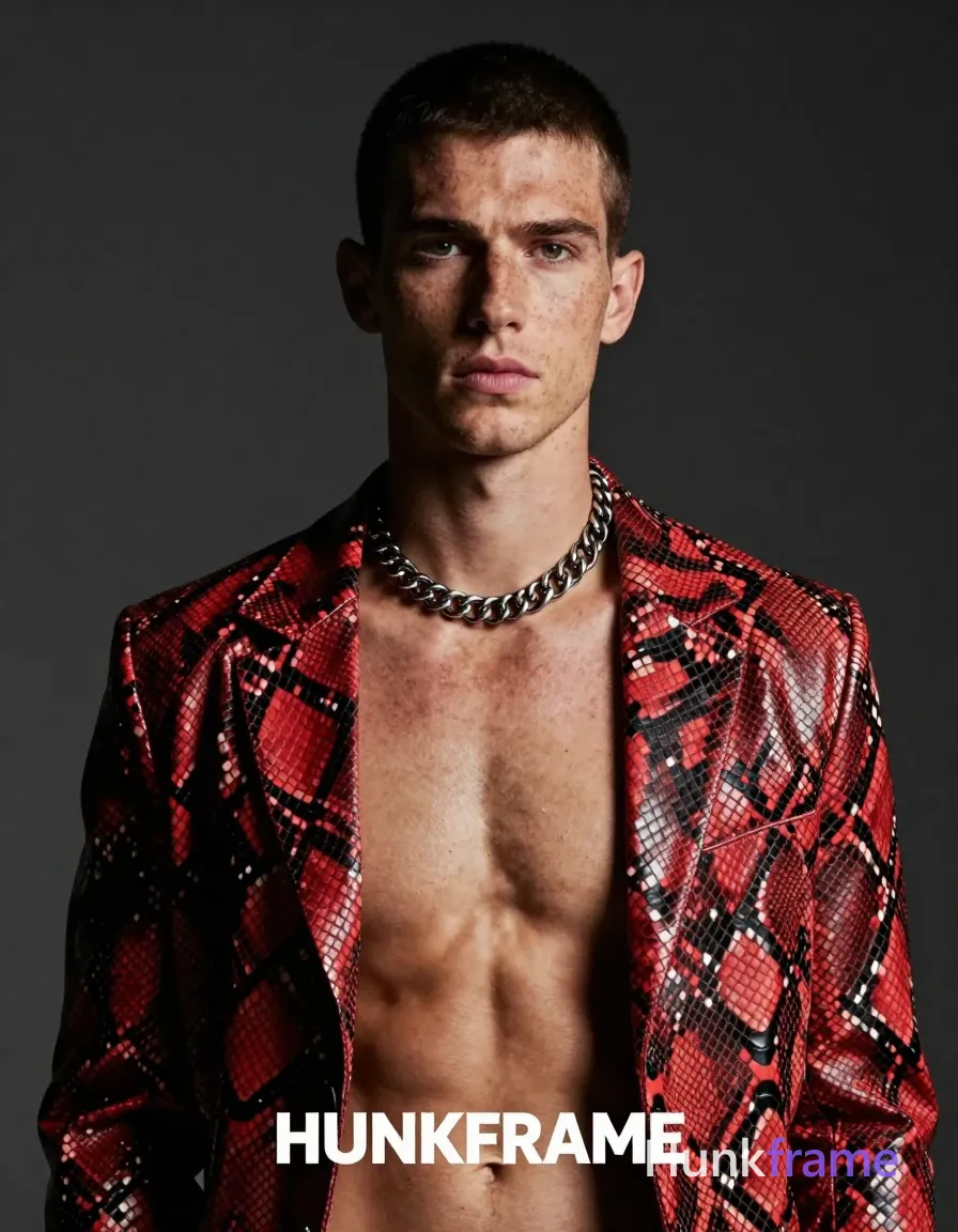 A fair-skinned white man with freckles and short dark cropped hair stands shirtless in a head-and-shoulders portrait facing the camera. He wears an open red-brown snakeskin-patterned jacket revealing his bare chest, neck, and silver metallic chains around his collarbones. The lean build features a defined jawline under dramatic directional lighting from front-left against a plain dark gray studio background. His direct gaze meets the lens with neutral lips in high-fashion editorial photography style. A visible wordmark 'HUNKFRAME' appears centered at the bottom of the frame. Include exactly one visible wordmark, spelled exactly "HUNKFRAME", in the same compositional text position; preserve its appropriate typography and scale. No other visible text, logo, caption, username, hashtag, comment, watermark, or UI chrome., a single uninterrupted photograph only, no written words or typography anywhere in frame, no captions, no app UI, no social-media post layout, no screenshot borders
