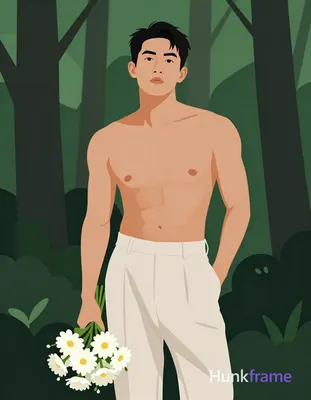 Bold flat-color wall art graphic design featuring an Asian man with light-medium skin standing uprig