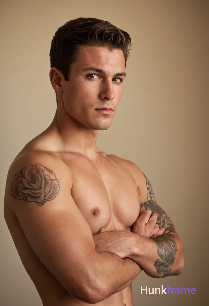 A muscular young man with short brown hair stands shirtless against a neutral background, his arms crossed over his well-defined chest. He has a tattoo on his left pectoral muscle and wears no jewelry. The scene is illuminated by soft diffused light that creates dramatic chiaroscuro effects, emphasizing the contours of his body. Rich earth tones dominate the color palette, with warm highlights on the skin and cool shadows in the background. This image captures the timeless elegance and strength of a classical western oil painting
