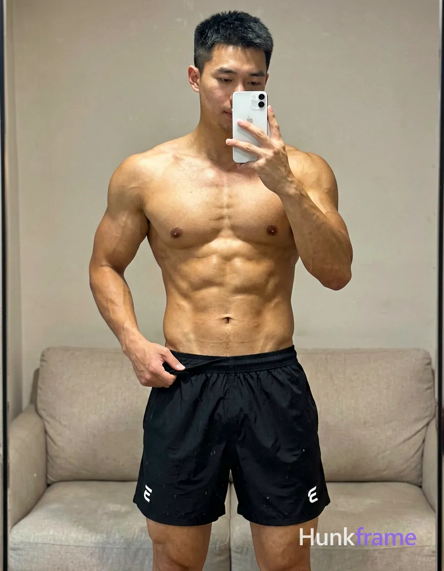 Asian man with light to medium tan skin and short straight black hair stands shirtless in a vertical mirror selfie; He wears loose-fitting black athletic shorts reaching mid-thigh, featuring an elastic waistband and a small white stylized 'E' logo near the lower-left hem; His right hand grips the waistband while pulling fabric upward slightly; left hand holds a white smartphone steady for capture; Defined pectorals, deltoids, rectus abdominis, and vascular forearms are visible under soft frontal illumination in an indoor room with neutral walls and a light-colored sofa background; High-resolution detail on skin texture, clean composition emphasizing physique; securely fitted underwear or swim trunks with complete frontal coverage; single clean uninterrupted photograph with a cohesive editorial composition and plain continuous surrounding surfaces