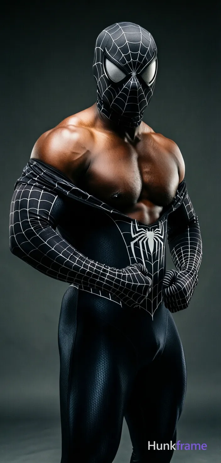 Dark-skinned man with deep brown skin, face obscured by black Spider-Man mask with white webbing. Standing torso angled slightly right, arms bent hands near hips, costume draped off shoulders exposing bare chest and upper back. Shirtless adult wearing tight black spandex bodysuit with white spider-web print, sleeves pushed to elbows revealing forearms. Broad shoulders, defined pectorals, thick thighs visible in vertical portrait crop from mid-thighs up. Indoor studio dark neutral background, high-contrast chiaroscuro lighting from front-left highlighting sculpted musculature and tight fabric texture. Centered theatrical composition against void-like backdrop, intense dramatic cinematic mood., a single uninterrupted photograph only, no written words or typography anywhere in frame, no captions, no app UI, no social-media post layout, no screenshot borders
