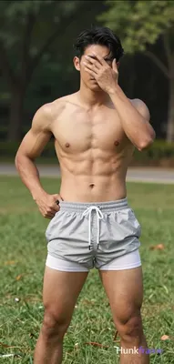 Asian man with tanned skin and short black hair stands centered on green grass, left hand lifting wa