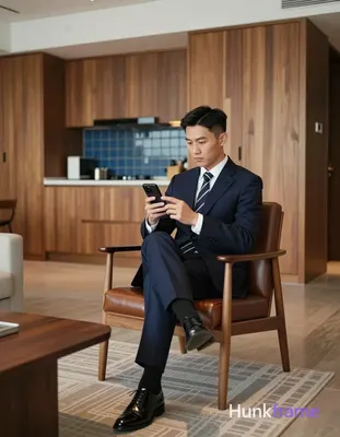 Asian man with short black straight hair and neat side parting, clean-shaven fac
