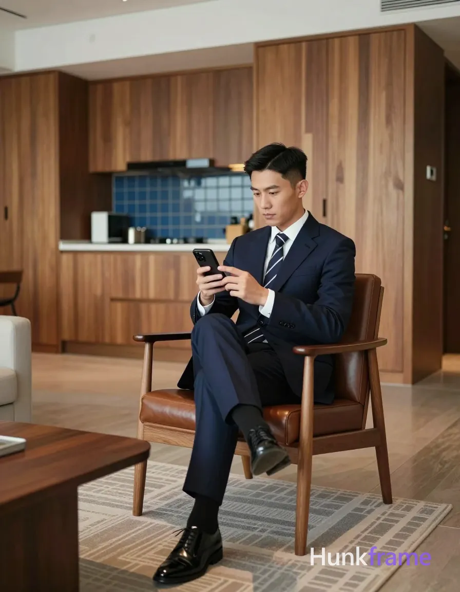 Asian man with short black straight hair and neat side parting, clean-shaven face, seated in wooden-framed armchair with brown leather cushion; He wears a dark navy blue single-breasted suit jacket over a white collared dress shirt, matching trousers rolled at cuffs revealing socks, patterned tie in black and white diagonal stripes, and black patent leather oxford shoes; Right leg crossed over left knee resting on low coffee table, holding black smartphone vertically with both hands near chest level, thumbs interacting with screen; Full-body shot from head to feet, right-center foreground facing leftward but gaze directed downward at phone; Modern interior space featuring floor-to-ceiling wooden cabinetry in warm brown tones, geometric-patterned rug underfoot, kitchen area visible behind subject with blue-tiled backsplash illuminated by soft ambient indoor illumination; Clean composition with balanced negative space and natural depth of field keeping subject sharp against softly blurred background; single clean uninterrupted photograph with a cohesive editorial composition and plain continuous surrounding surfaces