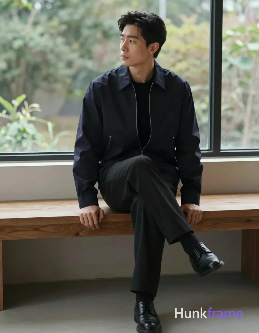Asian man with fair skin and black short hair styled back with volume at crown, clean-shaven face neutral gaze. Seated sideways on low wooden bench left leg bent foot resting right knee right leg extended forward slightly elevated off floor wearing dark navy zip-up jacket fully zipped matching dark shirt underneath black trousers black leather dress shoes waist up to full body seated shot center-right near large window outdoor greenery visible background soft natural daylight from behind diffused ambient fill monochromatic dark tones warm wood accents cool neutral background shallow depth of field on window view high-resolution editorial quality clean lines calm composed minimalist mood candid lifestyle scene trendy social-feed look vertical composition, a single uninterrupted photograph only, no written words or typography anywhere in frame, no captions, no app UI, no social-media post layout, no screenshot borders