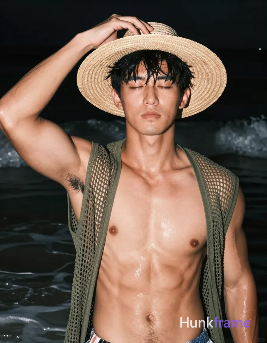 Asian man with tanned skin and short black straight hair stands in shallow water at night, adjusting a wide-brimmed straw hat on his head; He is shirtless with an olive-green open-knit mesh garment draped over shoulders exposing the entire chest and abdomen; Broad shoulders defined pectorals visible abdominal definition clean-shaven face relaxed expression eyes closed squinting against light torso angled toward camera close-up framing from mid-chest up to forehead shallow depth of field blurring dark ocean waves background dramatic directional lighting highlighting sculpted musculature skin sheen high-contrast fine-art photography vertical portrait orientation; single clean uninterrupted photograph with a cohesive editorial composition and plain continuous surrounding surfaces