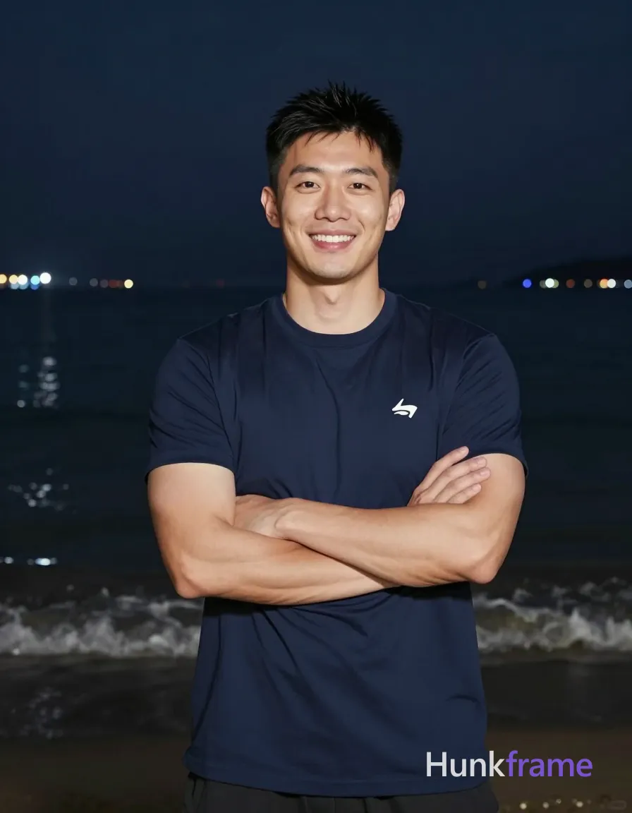 Asian man with light-medium skin and short black hair featuring a textured top and clean sides, clean-shaven face; He stands centered in a vertical portrait frame from head to mid-thighs, arms crossed over his chest facing forward with a broad confident smile showing teeth; Wearing a solid navy blue short-sleeve crew-neck t-shirt with a small white logo on the left chest, fully clothed adult build displaying broad shoulders and defined biceps; Set against a nighttime beach or waterfront background where distant lights reflect softly on water behind him; Low-key ambient night lighting provides soft frontal fill illuminating his face and upper torso while the background retains slightly soft focus for depth; single clean uninterrupted photograph with a cohesive editorial composition and plain continuous surrounding surfaces