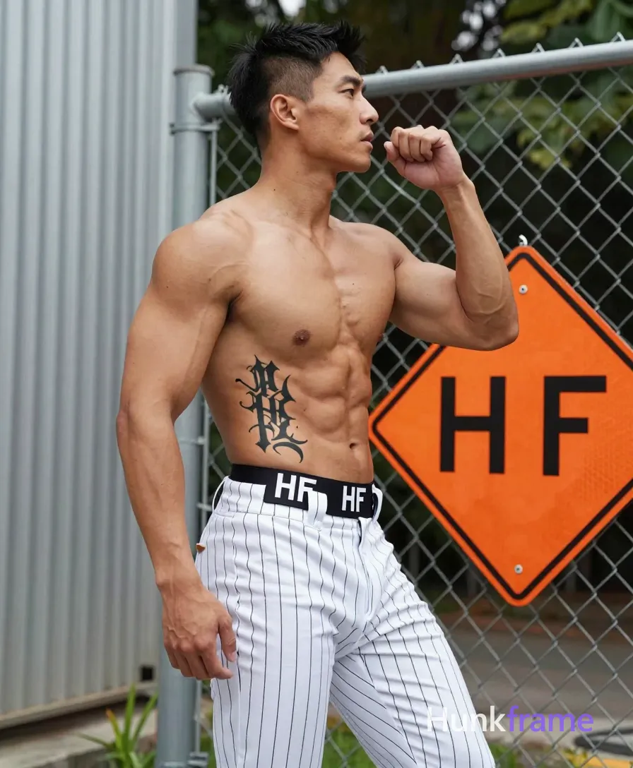 Asian man with light tan skin, short black hair tapered at sides and clean-shaven face, neutral focused gaze upward right; Standing in profile facing right, left arm bent hand near mouth, right arm extended holding orange diamond-shaped CONSTRUCTION sign against chain-link fence; Shirtless adult bare chest entire abdomen left ribcage large black Gothic-style tattoo hips upper thighs visible; an anonymous figure-branded underwear waistband above white pinstriped baseball pants pulled down mid-thigh revealing hip thigh thick legs broad shoulders defined pectorals abdominal muscles; Outdoor urban environment beside corrugated metal wall greenery background natural daylight soft shadows diffused overhead high-contrast fine-art photography sculptural lighting emphasizing musculature confident edgy fashion-forward mood vertical portrait 13:19 aspect ratio HF wordmark replaces any garment text; FULL GARMENT TEXT REPLACEMENT: remove every source garment word, sentence, slogan, logo, and partial brand spelling from every existing print area, then replace those source marks with only the wordmark, spelled exactly "HF"; This is replacement, Repeated "HF" marks are allowed only where the source garment already; single clean uninterrupted photograph with a cohesive editorial composition and plain continuous surrounding surfaces
