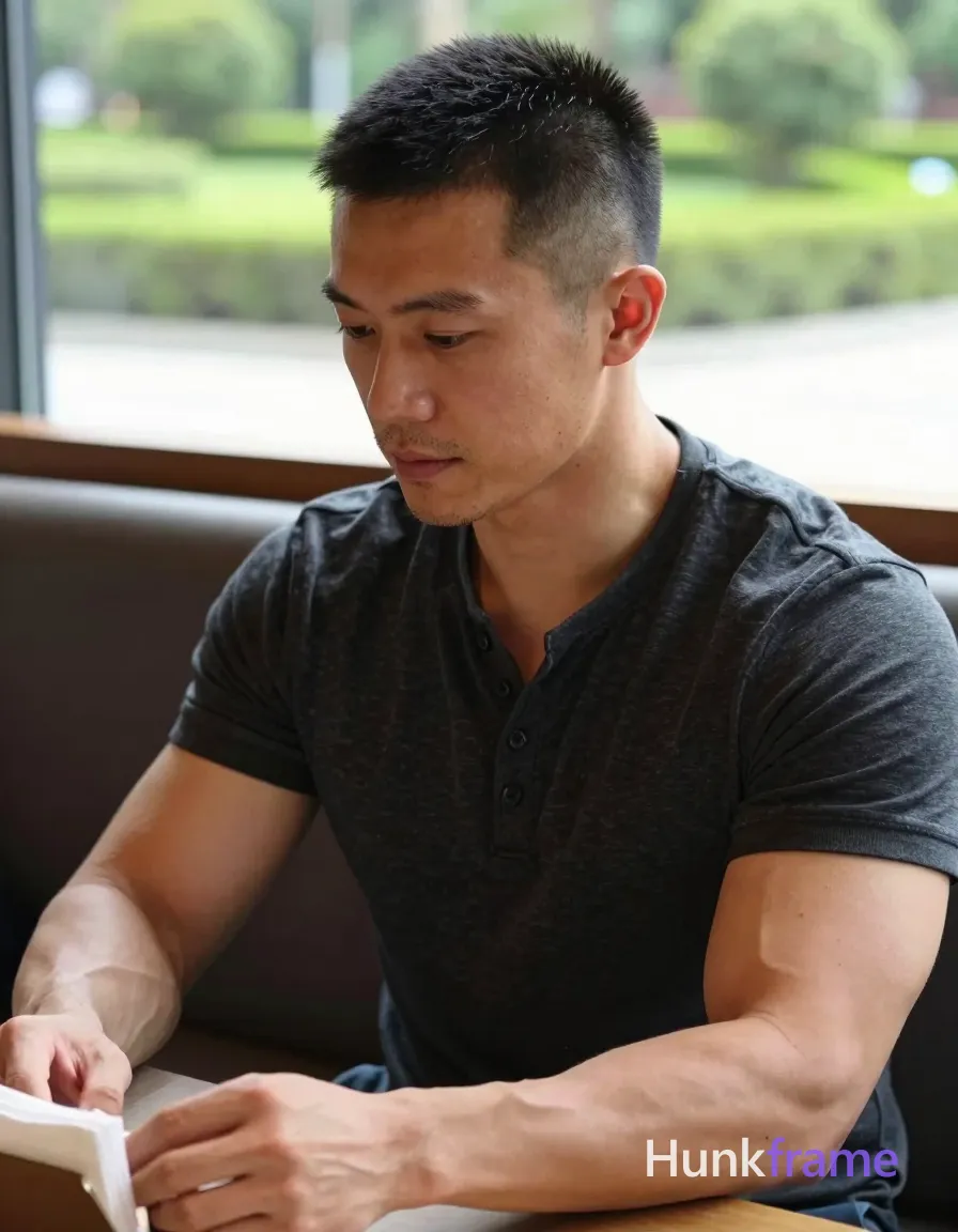 Photograph of exactly 1 adult man. Man 1: Asian, medium-tan, square-jawed with defined cheekbones, short buzz cut, dark brown/black, textured top with faded sides and back, clean-shaven with light stubble on chin and jawline. Man 1 has fully exposed eyes, eyebrows, temples and nose bridge. Broad shoulders, defined pectorals with thick thighs. Seated sideways reaching for napkin holder calmly. Dark charcoal henley shirt revealing collarbones, sternum. Vertical portrait profile gaze downward at table surface. Indoor cafe booth near window overlooking manicured garden. Natural daylight creating soft highlights on face and arms. Fine-art photography aesthetic with sculpted masculine form
