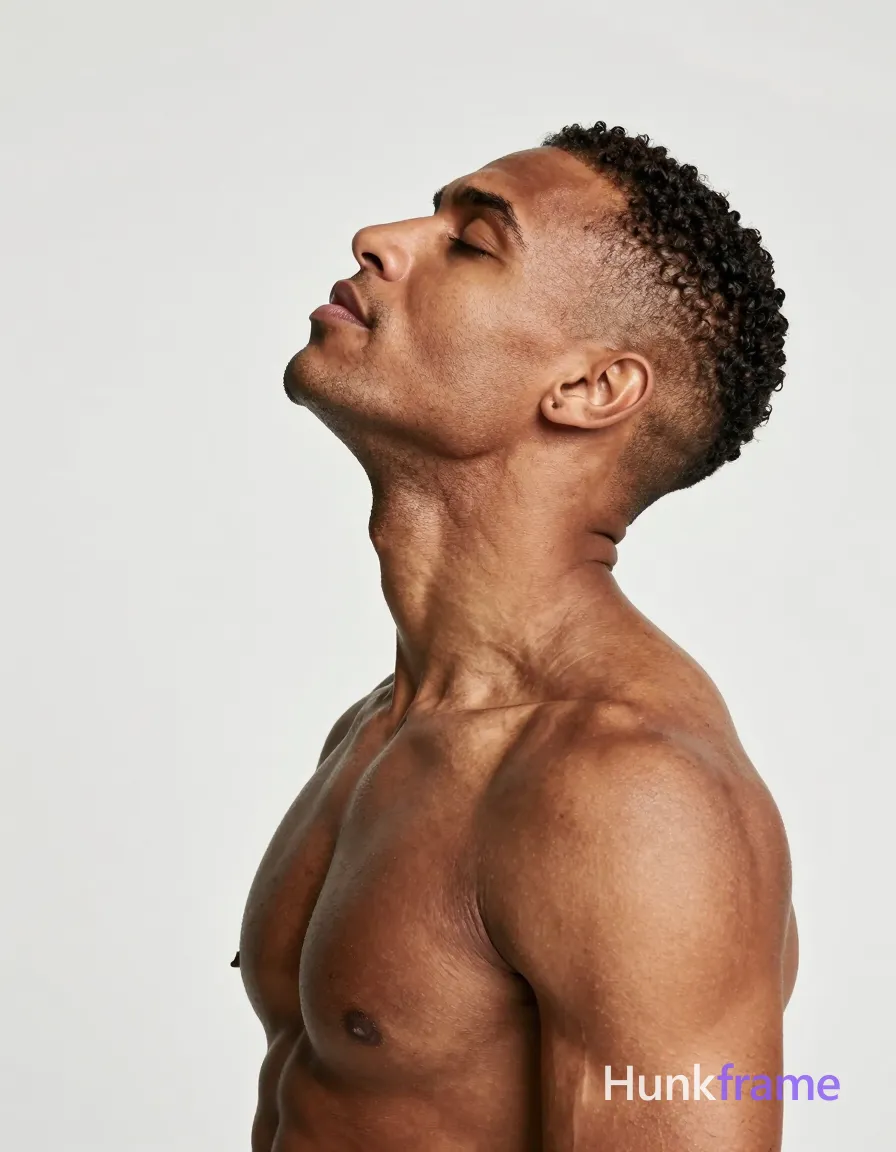 A muscular Black man with a shaved head poses in profile against a plain white backdrop. His eyes are closed and relaxed, head tilted back to highlight forehead, nose, lips, and chin under soft directional lighting from above-left. The image captures high-contrast skin texture detail on smooth muscle without adding shirts or tops if the chest is bare. Vertical portrait crop focuses on the lower face in the bottom-right quadrant, emphasizing defined anatomy within a serene minimalist setting., same aesthetic theme and photo feel as the reference but a different man in a different pose with distinct body proportions, Brazilian Latino man, warm olive skin, curly dark hair, compact athletic torso, a single uninterrupted photograph only, no written words or typography anywhere in frame, no captions, no app UI, no social-media post layout, no screenshot borders