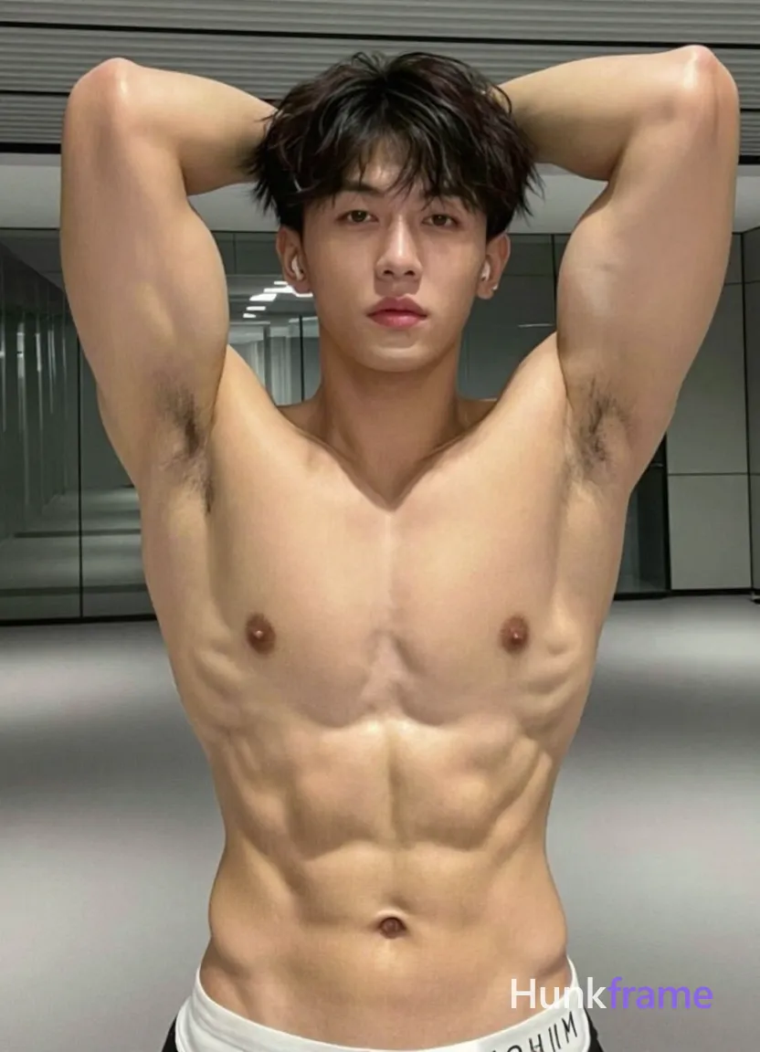 Asian man with short dark brown textured hair and fringe, clean-shaven face, neutral intense gaze; Shirtless torso showing defined abs and broad shoulders, white waistband visible at lower right hip suggesting briefs; Standing facing camera raising both arms overhead with elbows bent inward toward chest, hands obscured by motion blur at top edge; Indoor gym setting with ceiling grid and mirrored walls background; Overhead artificial lighting casting soft shadows on skin; Vertical portrait close-up selfie framing from waist up, head filling upper third of frame, shot on iPhone 15 Pro main camera, authentic smartphone computational photography, natural Smart HDR and true-to-life skin texture, vertical 9:16 Xiaohongshu lifestyle feed, bright clean everyday scene, unretouched phone photo with subtle sensor grain, trendy Chinese internet 网红 aesthetic, candid influencer energy; single clean uninterrupted photograph with a cohesive editorial composition and plain continuous surrounding surfaces