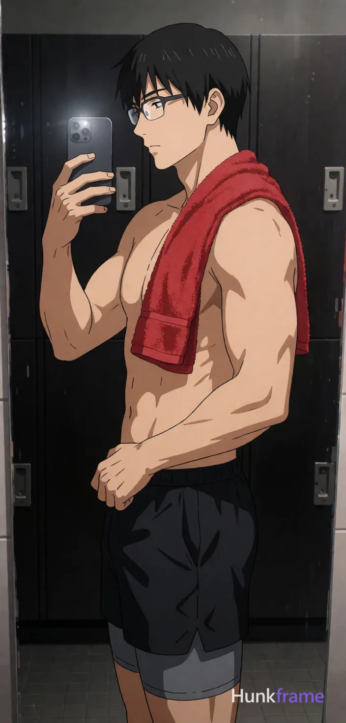 Asian man with short black straight hair and thin metal rectangular glasses, clean-shaven jawline with light upper lip stubble; Standing in profile facing left inside a dim locker room, right arm raised holding phone for mirror selfie while left hand grips waistband of black athletic shorts pulling them down mid-thigh to expose grey compression briefs; Red microfiber towel draped over right shoulder hanging front; Shirtless adult male with broad shoulders, defined pectorals, six-pack abs, visible obliques and thick thighs; Entire chest abdomen exposed above underwear waistband; High contrast direct flash from phone camera creating sweat sheen on light to medium tan skin against dark lockers background; Vertical portrait 13:19 crop head to mid-thighs centered in mirror reflection rendered as polished anime style; The adult man visibly wears thin metal frame glasses with clear lenses worn on face; rectangular shape with slight rounded corners on his face; preserve the exact frame shape, rim style, color, material, and lens tint, same aesthetic theme and photo feel as the reference; single clean uninterrupted artwork with a cohesive composition and plain continuous surrounding surfaces