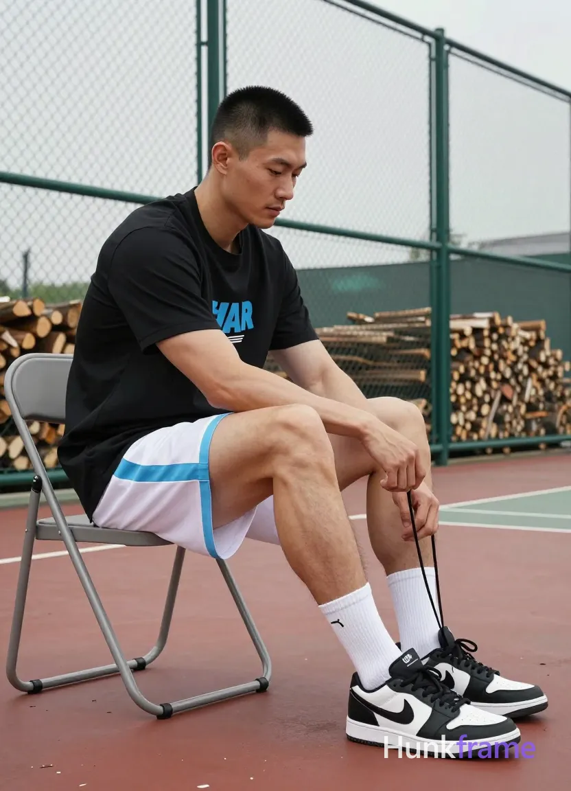 Asian man with short black buzz cut and clean-shaven face, seated in profile on a folding chair at an outdoor basketball court; He wears a black short-sleeve t-shirt with partial blue graphic covering the chest and white athletic shorts with light-blue side stripe; His left leg is bent elevated while he uses both hands to adjust his white sock and black-and-white sneaker, manipulating laces near the ankle; right leg extends forward on red-brown court surface; Thick thighs and defined calves are prominent under diffused daylight from an overcast sky; Soft shadows fall against a green chain-link fence with stacked firewood behind it; Vertical portrait photography capturing pre-game focused preparation; single clean uninterrupted photograph with a cohesive editorial composition and plain continuous surrounding surfaces