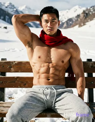 Asian man with short black hair and clean-shaven face seated on a wooden bench in an outdoor snowy m