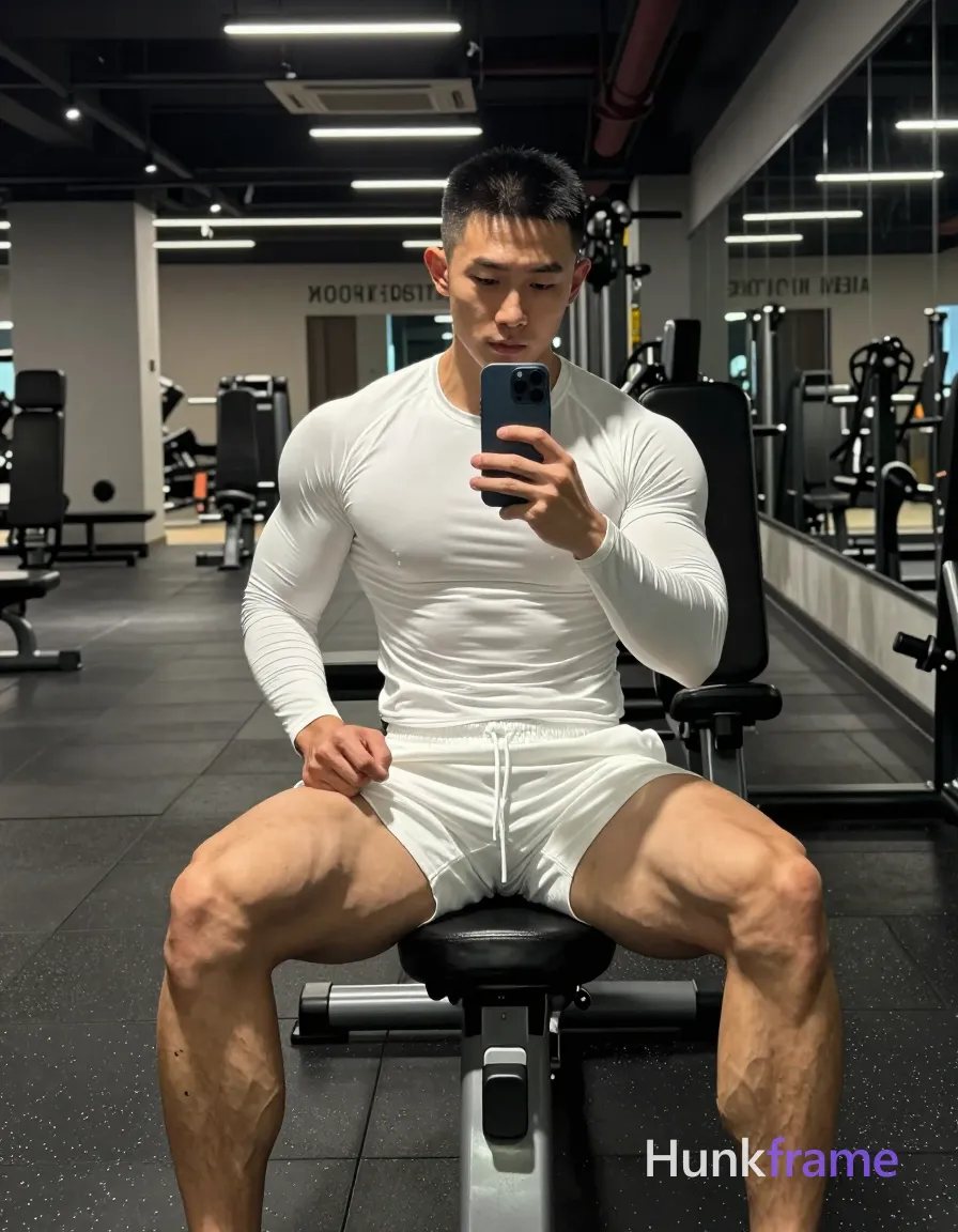 Asian man with short black buzz cut and clean-shaven face, neutral direct gaze into mirror reflection, seated on gym bench facing forward; Shirtless adult wearing white long-sleeve compression shirt covering torso from neck to waistline and matching white athletic shorts ending mid-thigh with visible drawstring waistband; Legs spread wide apart with knees bent, thighs prominently displayed showing thick quads and defined glutes; calves partially visible below hem; Holding dark blue smartphone vertically in right hand capturing mirror reflection, left hand resting on left thigh near hip area; Indoor gym environment with exposed ceiling pipes, industrial lighting fixtures, black rubber flooring speckled with white flecks, mirrored walls reflecting fitness equipment behind him on right side and wall text 'YOUR DEST'; Overhead track lights casting directional shadows across face and torso, ambient fluorescent glow creating soft highlights on light-medium skin tones; High-contrast gym photography, mirror selfie composition, athletic physique emphasis, defined anatomy, confident strength mood; FULL TEXT REPLACEMENT: remove every original source word, sentence, slogan, logo, and partial; single clean uninterrupted photograph with a cohesive editorial composition and plain continuous surrounding surfaces