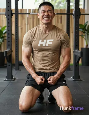 Asian man with short black buzz cut and clean-shaven face, eyes closed tightly w