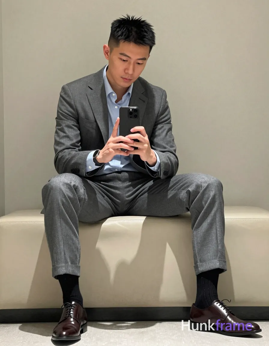 Asian man with short black textured hair and clean-shaven face, seated sideways on a beige upholstered bench in modern interior; He wears grey single-breasted suit jacket over light blue button-down shirt with top two buttons undone, matching rolled-cuff trousers, black crew socks, dark brown leather dress shoes; Holding black smartphone with both hands at chest level, looking down at screen while torso leans slightly toward camera; Soft ambient indoor lighting creates sculpted shadows on lean build and thick thighs visible in full-body vertical shot from head to shoes, shot on iPhone 15 Pro main camera, authentic smartphone computational photography, natural Smart HDR and true-to-life skin texture, vertical 9:16 Xiaohongshu lifestyle feed, bright clean everyday scene, unretouched phone photo with subtle sensor grain, trendy Chinese internet 网红 aesthetic, candid influencer energy, phone held naturally in one hand for selfie, phone visible in frame; single clean uninterrupted photograph with a cohesive editorial composition and plain continuous surrounding surfaces
