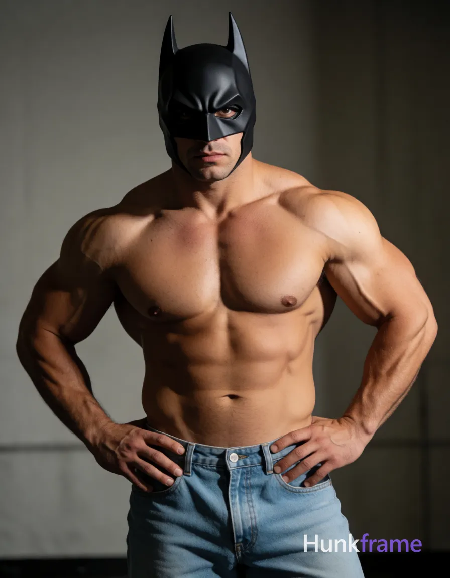 Heavily muscular adult man with substantial muscle mass, wide shoulders, thick neck, large chest and arms, powerful thighs, and dense bodybuilding proportions; An athletic adult man with light to medium tan skin stands in a gym setting under dramatic directional lighting; He has unobstructed face with both eyes, irises, eyebrows, temples, and nose bridge clearly visible, dark thick eyebrows, and light stubble on chin and upper lip with an intense serious gaze; His build is highly muscular featuring defined pectorals and abs, broad shoulders, thick arms, and minimal chest hair; Shirtless exposing bare chest, abdomen, and arms; he wears a black Batman-style cowl mask covering head and eyes plus light blue denim jeans; Pose: standing with hands on hips, torso slightly angled forward in a centered waist-up portrait; single clean uninterrupted photograph with a cohesive editorial composition and plain continuous surrounding surfaces