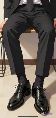 Polished anime style rendering of an adult man seated with legs extended forward, feet resting on a 
