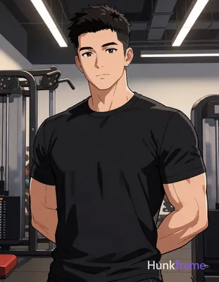 Asian man with short dark black textured crop hair, clean-shaven face, wearing a black short-sleeve 