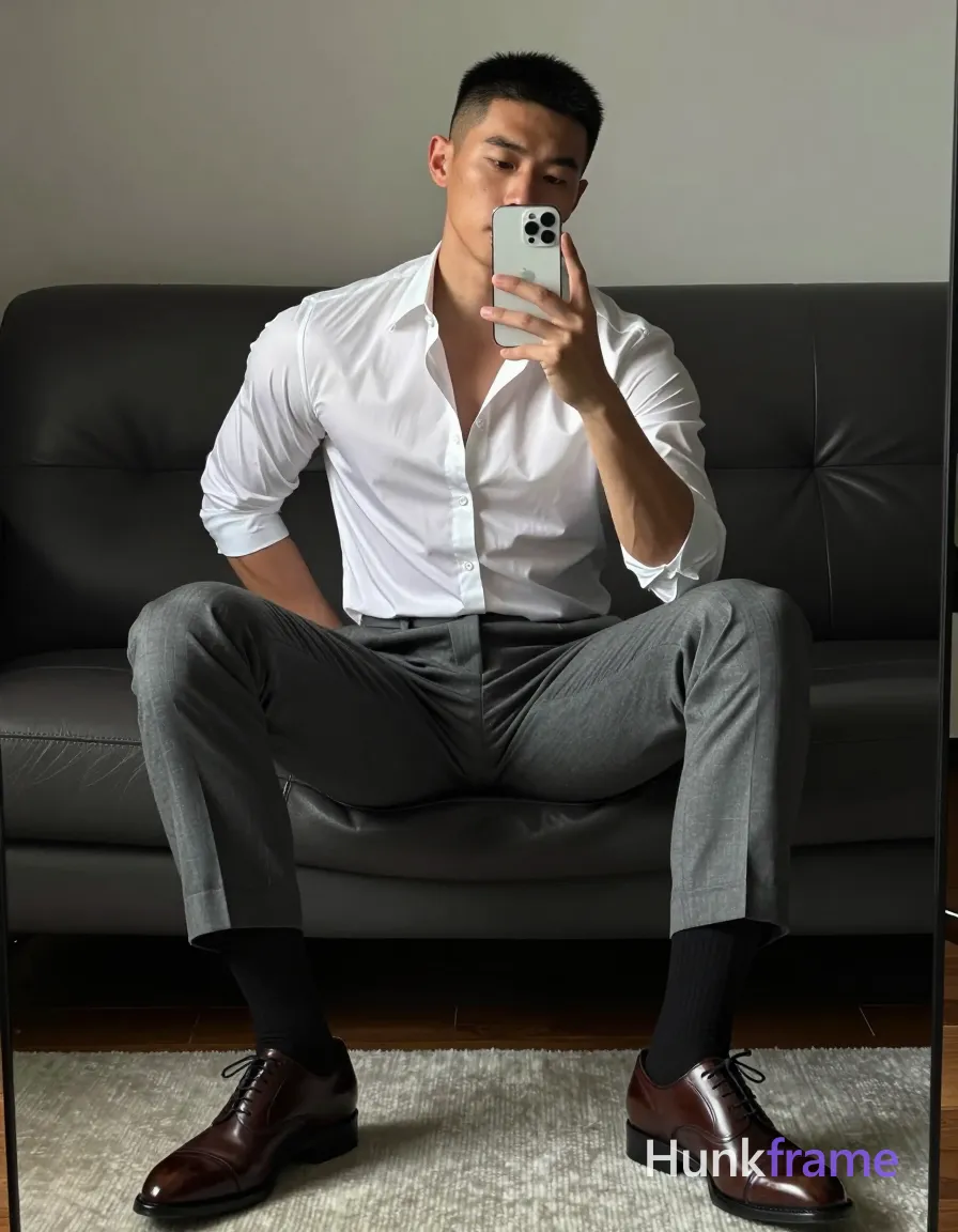 Asian man seated on dark leather sofa, legs spread knees bent taking mirror selfie with white smartphone at chest level. White long-sleeve button-up shirt subtle vertical stripes top two buttons undone revealing upper chest and collarbone artistic partial nude adult. Grey tailored trousers cuffed slightly above ankle black dress socks pulled up to mid-calf brown cap-toe oxford shoes visible on light-colored rug below. Broad shoulders defined pectorals toned arms short black buzz cut straight texture high forehead clean hairline clean-shaven neutral direct gaze at phone camera in mirror reflection left hand resting behind back near hip right arm raised holding smartphone. Indoor room featuring dark leather tufted sofa against light grey wall wooden floor partially covered by textured rug vertical mirror frame visible along right edge of image soft ambient indoor lighting creating gentle shadows on face and clothing folds white grey brown black palette polished confident stylish mood clean lines minimalist composition fine-art photography dramatic lighting sculpted poses premium fashion-editorial aesthetic handsome masculine subject tailored attire captured via mirror selfie composition 13:19 aspect ratio vertical portrait orientation, a single uninterrupted photograph only, no written words or typography anywhere in frame, no captions, no app UI, no social-media post layout, no screenshot borders