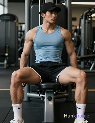 Asian man with short black straight hair and clean-shaven face, seated on gym leg press equipment in