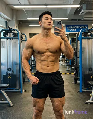 muscular male subject standing with arms slightly bent at elbows, torso angled to side, looking upwa