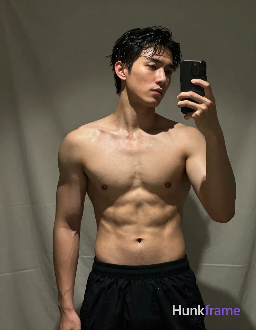 Asian man with short dark black slightly wavy wet-looking hair parted left, clean-shaven face neutral contemplative gaze away from camera; Shirtless broad shoulders defined pectorals six-pack abs visible obliques wearing black athletic shorts waistline; Selfie angle torso angled right head turned left up arms extended holding device implied; Indoor dimly lit room soft overhead lighting draped fabric background high-contrast selfie aesthetic skin texture emphasized moisture sheen on skin and hair intimate dramatic masculine mood portrait centered filling frame mid-thigh to head; single clean uninterrupted photograph with a cohesive editorial composition and plain continuous surrounding surfaces