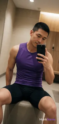 Asian man with short black buzz cut and light stubble sits on a cylindrical ottoman in a gym locker 