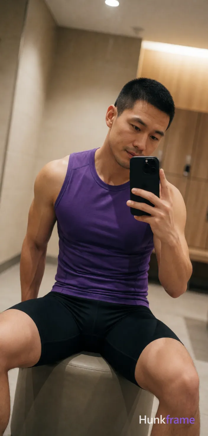 Asian man with short black buzz cut and light stubble sits on a cylindrical ottoman in a gym locker room, holding a black smartphone for a mirror selfie; He wears a tight purple sleeveless athletic tank top exposing his chest and abdomen, paired with mid-thigh black compression shorts showing thick thighs and muscular calves; The composition is vertical portrait 13:19, slightly tilted angle capturing the reflection in the mirror; Soft ambient indoor lighting from overhead fixtures illuminates light-medium skin tones against beige walls and wood paneling; Natural phone-camera aesthetic with confident casual mood; single clean uninterrupted photograph with a cohesive editorial composition and plain continuous surrounding surfaces