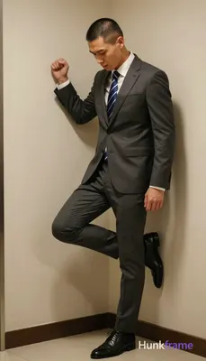 an anonymous figure man with short buzz cut and clean-shaven face poses suggestively in a vertical p
