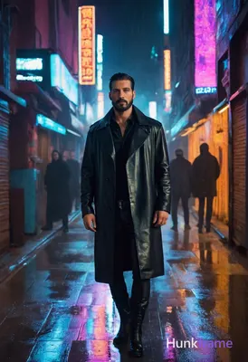 A masculine cyberpunk man stands confidently in a dimly lit alleyway at night. T