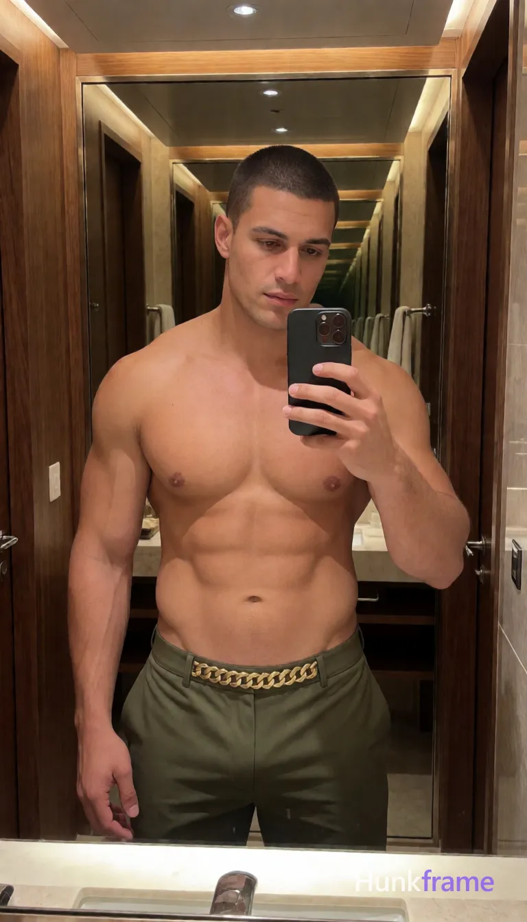 Very large heavy muscular stocky adult man with a broad thick torso, massive shoulders, thick neck, meaty chest and arms, powerful thighs, dense body hair, and heavyweight muscle-bear proportions; an anonymous figure man with light to medium tan skin showing vascularity on arms and legs, short dark brown buzz cut, clean-shaven face; Standing full-body facing bathroom mirror, left arm extended holding black smartphone at chest level for selfie capture, right arm relaxed by side, slight torso lean toward phone; Shirtless adult male with highly muscular build defined abs pectorals deltoids biceps triceps quads glutes wearing olive green briefs or thong-style underwear with gold chain detail along waistband; Modern luxury bathroom setting with wood-paneled walls and mirrored surfaces; Warm overhead strip lights creating soft highlights on skin and muscle definition; Highly detailed musculature, mirror selfie aesthetic, premium fashion editorial tone; single clean uninterrupted photograph with a cohesive editorial composition and plain continuous surrounding surfaces